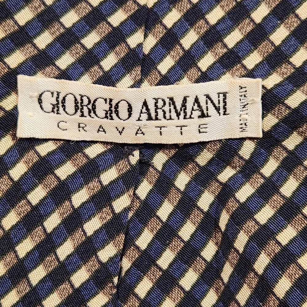 Vintage Giorgio Armani Silk Tie Cravatte Blue Beige Geometric Made in Italy